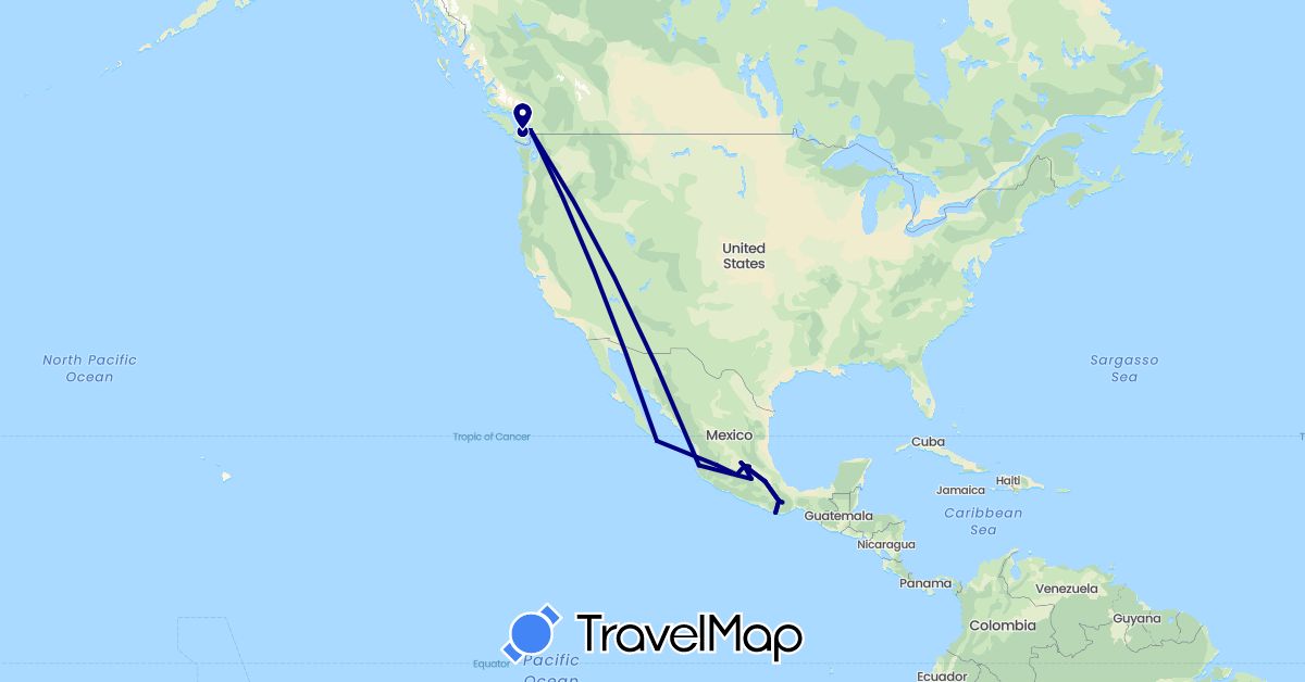 TravelMap itinerary: driving in Canada, Mexico (North America)